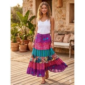ANU Purple Multicolor Cotton Patchwork Tiered Boho Maxi Skirt Small Pull On